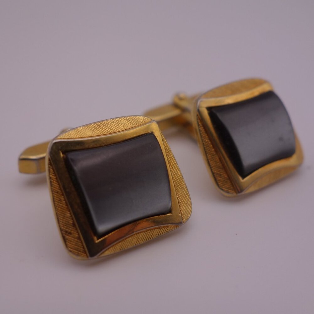 Gold Color Rectangle Cuff Links with Black Stone